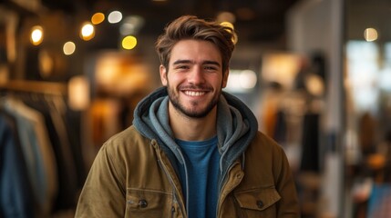 Fototapeta premium Young man smiling warmly in a clothing store with soft lighting and cozy atmosphere amidst fashionable apparel