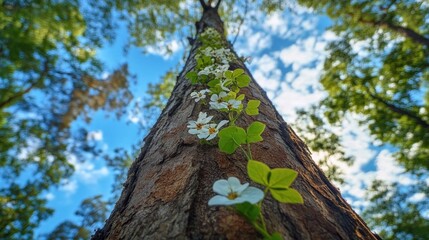 Looking Up: White Flowers Climbing a Tree Trunk Against a Blue Sky