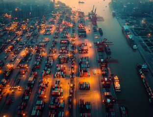 Fototapeta premium China responds decisively to tariffs through extensive trade activities amidst a vibrant sunset at a bustling port. 
