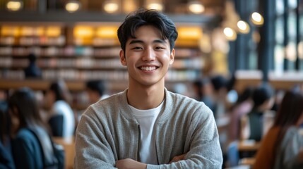 Young student smiles confidently while studying in a vibrant library filled with books and fellow learners