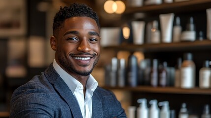 Fototapeta premium Smiling young professional in tailored suit in modern grooming salon with stylish products in the background