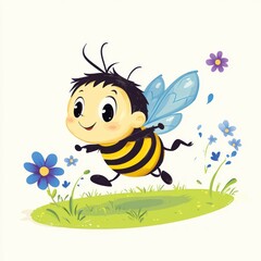 Cartoon bee flying over flowers