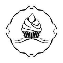 A minimalist black and white illustration of a cupcake in a decorative, slightly diamond-shaped frame.