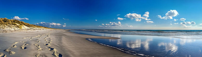 Footprints in wet sand lead to the ocean under a bright blue sky