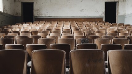 Empty auditorium chairs, abandoned building, decaying walls, quiet scene, stock photo