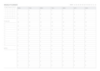 A weekly plan design template in a modern, simple, and minimalist style. Note, scheduler, diary, calendar, planner document template illustration.