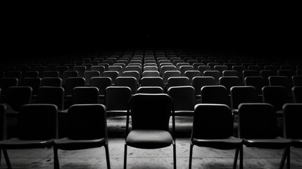 Naklejka premium Empty auditorium chairs, dark room, spotlight, performance venue, event