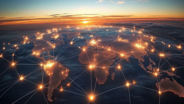 Intricate global value chains connecting manufacturers, suppliers, and distributors across borders - conceptual illustration of international trade and supply chains