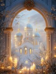 Obraz premium Beautiful winter sunset illuminating a grand cathedral behind an ornate archway surrounded by blooming trees and glowing candles