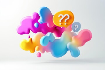 Fototapeta premium dynamic 3d speech bubbles, floating question marks, vibrant gradient colors, clean white background, modern design style
