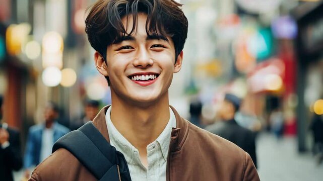 handsome young Korean man smiling at camera with boke street light	
