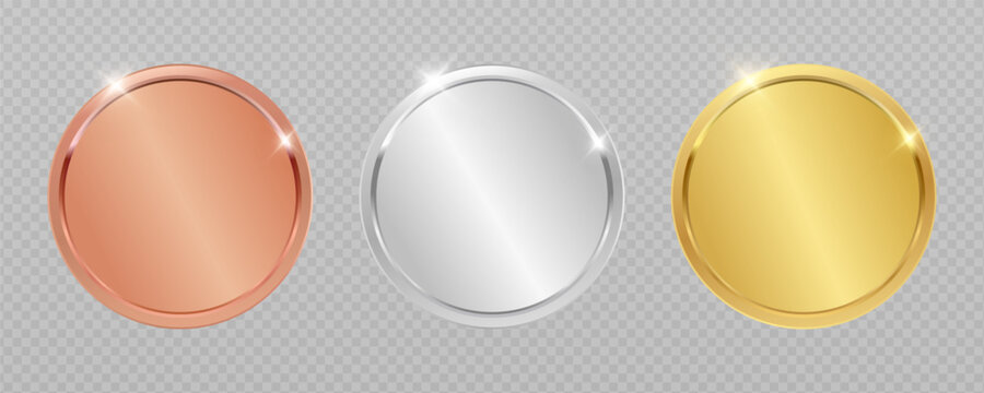 3D realistic blank bronze, silver and golden rings on transparent background. First, second and third place blank rings