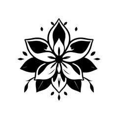 Intricate black and white floral mandala-like illustration with an off-white background. A symmetrical abstract flower design.