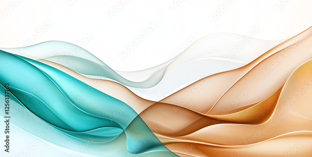 Poster abstract background with flowing liquid shapes in blue and orange tones, creating serene and dynamic