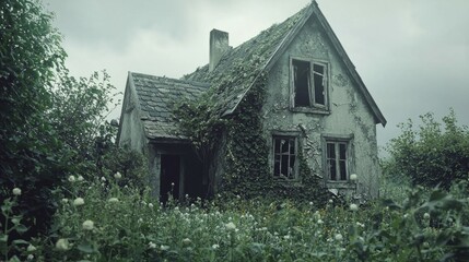 Abandoned House Covered in Vines with Overgrown Garden Landscape