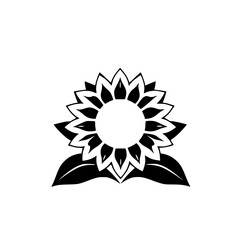 Simplistic black and white sunflower illustration, showing a stylized sunflower on a white background, with a unique, symmetrical design.