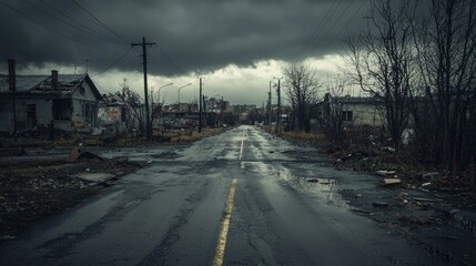 Abandoned Urban Street in a Desolate Landscape Under Cloudy Sky