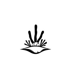 Black ink drawing of a design with abstract shapes, suggesting an eye-like shape, with a ball in the middle and vertical lines radiating upwards.