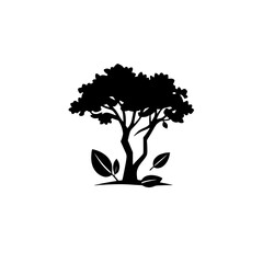 Black silhouetted tree with leaves on a white background.