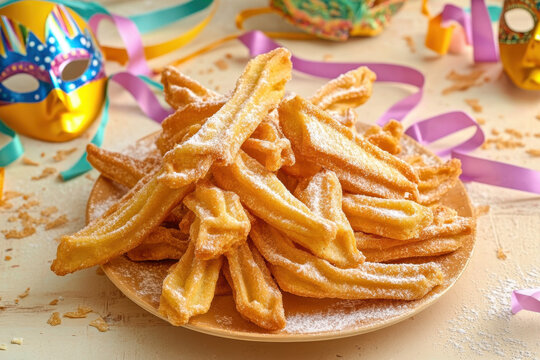 Angel wings or bugnes, bugie, or chvorost; faworki. Traditional carnival sweet crisp pastry deep-fried and sprinkled with powdered sugar. 
