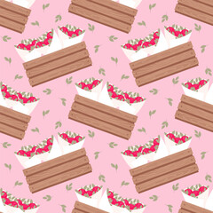 Seamless pattern with bouquets of red roses in wooden box or crate and green leaves on a pink background. Valentine's day vector editable background.