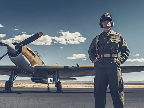 A confident pilot standing proudly in front of an airplane under a clear blue sky.