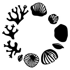 Black silhouettes of coral and shells arranged in a circle on white background.