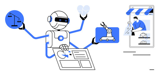 Multifunctional robot with multiple arms handling scales, hearts, touchscreens, robotic arm, and online shopping. Ideal for automation, AI, industry 4.0 e-commerce digital transformation
