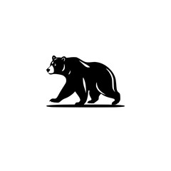 Silhouette of a walking bear against a stark white backdrop, showcasing the animal's form and energy.