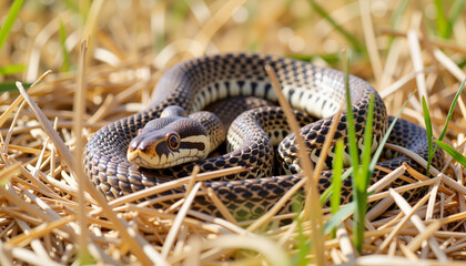 Coiled snake basking in dry grass under bright midday light, nature's beauty