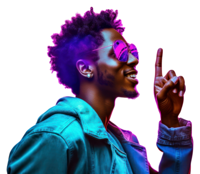 PNG African american man enjoy music while finger pointing to sky purple portrait adult. - Powered by Adobe