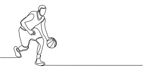 Continuous one line drawing of a basketball player dribbling. Representation of sports, agility, and competition.