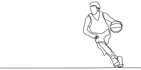 Basketball player dribbling in continuous line drawing. Minimalist depiction of an athlete handling the ball during a game.