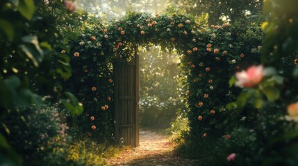 Obraz premium Enchanted Rose Garden Pathway: A Serene Escape