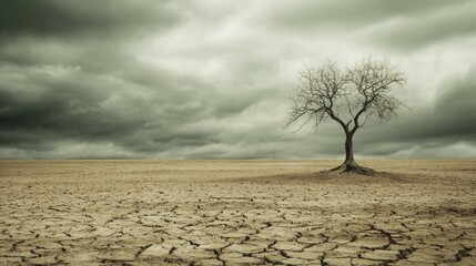Lonely Tree in a Desolate Landscape with Dramatic Sky and Cracks