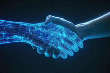 hand shaking between human and digital hand, integration between human and artificial intelligence. 