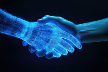 hand shaking between human and digital hand, integration between human and artificial intelligence. 