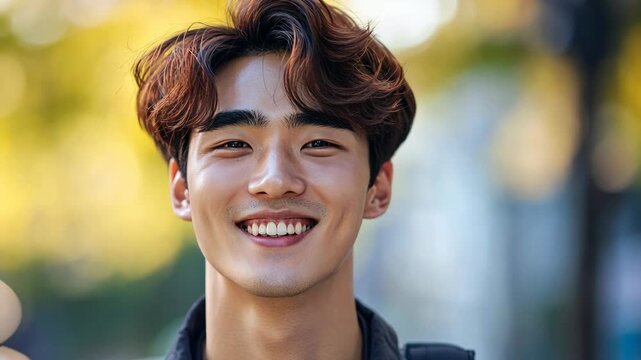 handsome young Korean man smiling at camera with boke street light	
