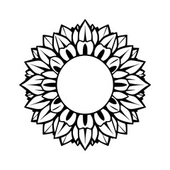 A black and white graphic rendition of a sunflower, illustrating a floral and symmetrical pattern.