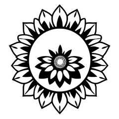 Black and white floral mandala with inner circle and center flower.