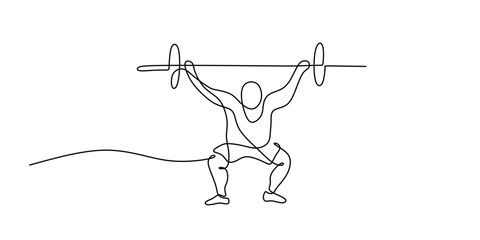 Weightlifter raising a barbell in continuous line drawing. Depiction of strength, endurance, and intense training.