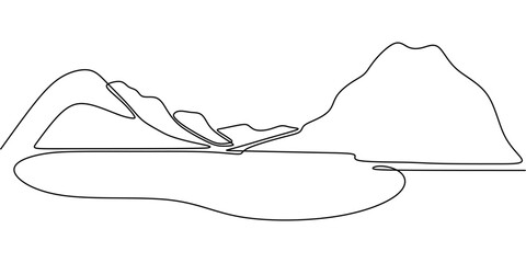 Minimalist one line drawing of a mountain and lake. Representation of adventure, hiking, and scenic landscapes.