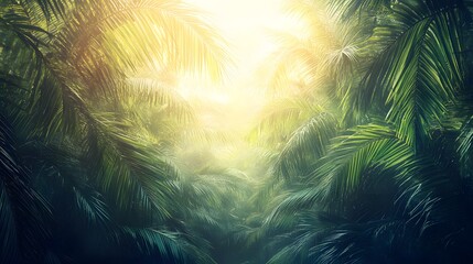 Fototapeta premium Jungle scene with palm trees sunlight and tropical leaves with citrus fruits arranged on a wooden surface