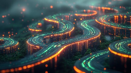 Abstract glowing city paths winding through a digital forest