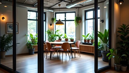 A modern conference room features warm, natural lighting with wood and metal accents and hanging plants, creating an inviting space.