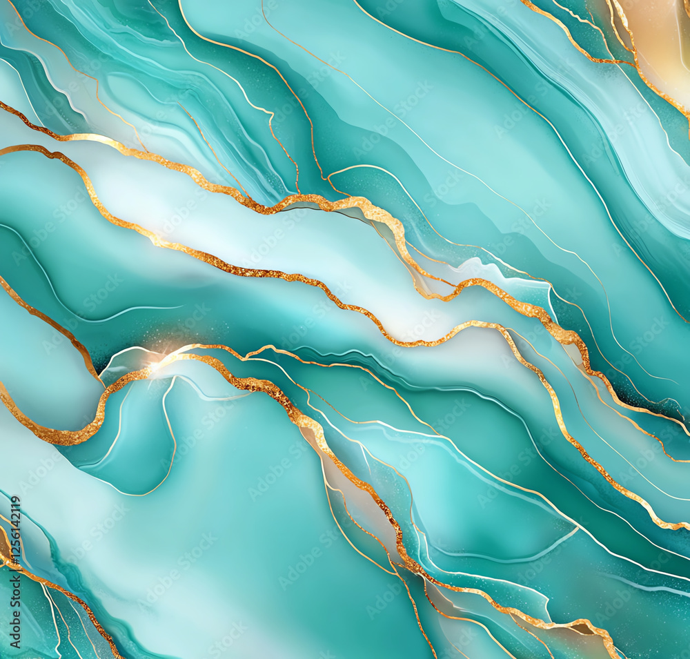 Poster abstract teal and gold marble background with flowing patterns and textures, creating serene and ele