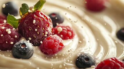 Fresh Berries and Cream with Mint Garnish on Whipped Dessert