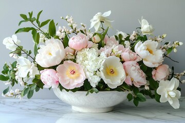 Obraz premium elegant botanical arrangement with blush pink peonies and white magnolias, soft natural lighting, delicate composition on marble surface
