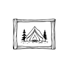 A black and white illustration, showing a tent, campfire and forest.