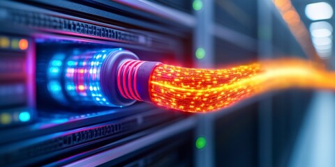 High Speed Fiber Optic Connection In Server Rack Network Connection With Fiber
